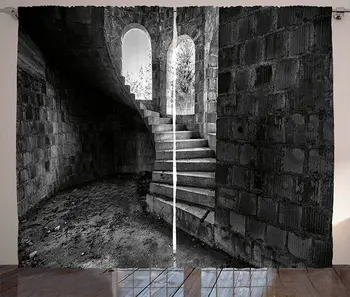 

Rustic Window Curtains Circular Medieval Brick Staircase Vacant Castle Architecture Art of Photography Print Living Room Decor