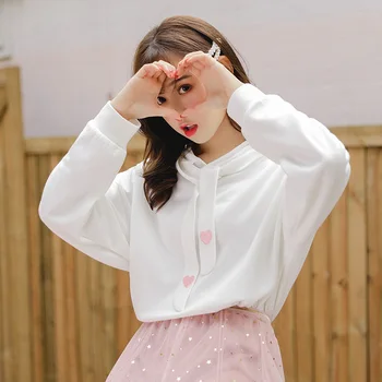 

2019 New Preppy Style Loving Heart Embroidery Loose Hoodie Sweatshirt Women Long Sleeve Lace-up Harajuku Hoodies White/Pink