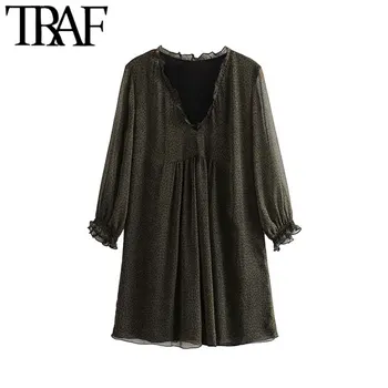 

TRAF Women Vintage Stylish Polka Dot Ruffles Mini Dress Fashion V Neck Three Quarter Sleeve Female Dresses Vestidos Mujer