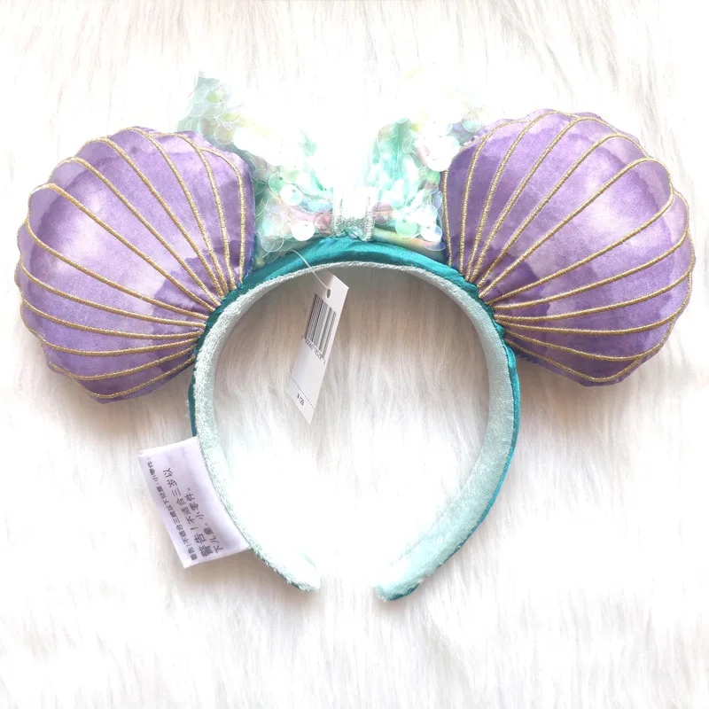 Disney Mickey Mouse Mermaid Ariel Headband Disneyland Minnie Ears Sequins Purple Headwear Children Boy Girl Beauty Toys Gift