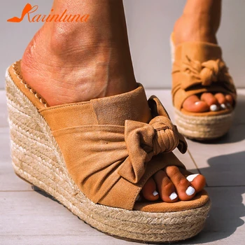 

Karinluna 2020 Big size 43 INS HOT Wedges High Heels sweet bow knot straw platform Summer Sandal Women Slippers Shoes