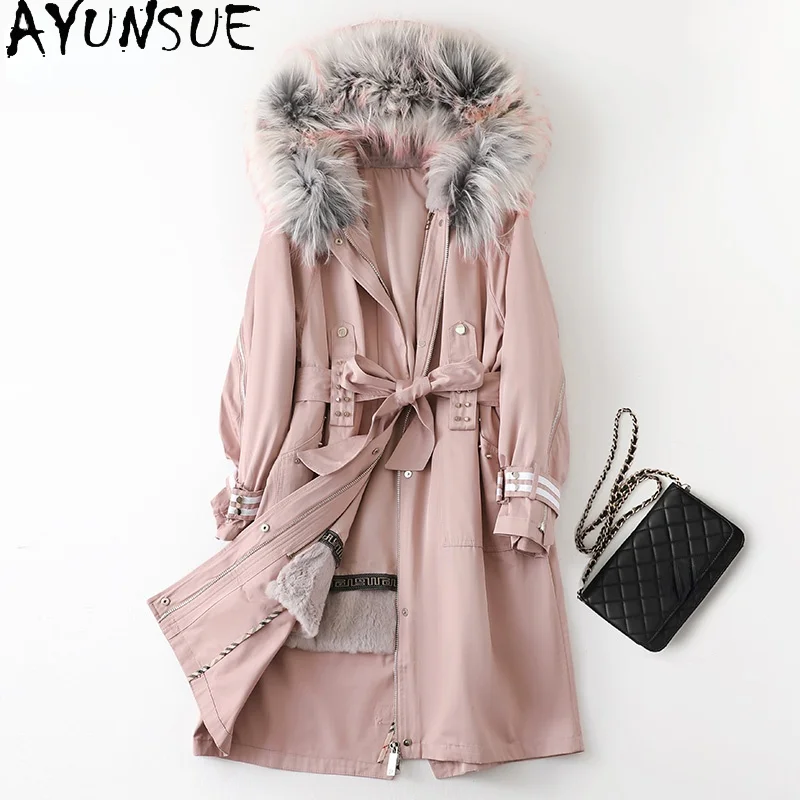 

AYUNSUE Women's Winter Parkas 2021 Elegant Long Real Rabbit Fur Liner Coat Female Warm Raccoon Fur Collar Casaco Feminino Gxy399