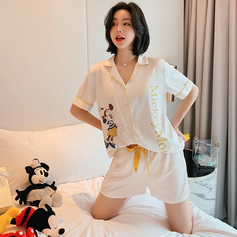 

Pajamas Cute Lady Sleepwear Satin Summer New Home Clothing Summer New Thin Satin Black-White Cartoon Shorts Suit Sexy Nightwear