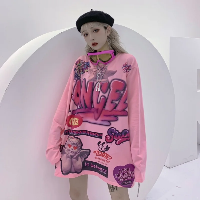 Темный элемент стиля АНГЕЛЫ ПРИНТЫ EGIRL LOOSE РОЗОВЫЙ БЕЛЫЙ СВИТШОТ 2020|Футболки| |