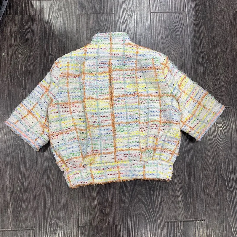 Fashion Tweed Short Coats Women Autumn Chic Plaid Stand Collar Short Sleeve Tops Jacket Female Streetwear Vintage Zipper Jacket