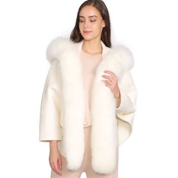 Kaufen MAOMAOFUR Kaschmir Mantel Frauen Mode Mantel Stil Echt Fox Pelz Kragen Streifen Oberbekleidung Weibliche Kaschmir Jacke