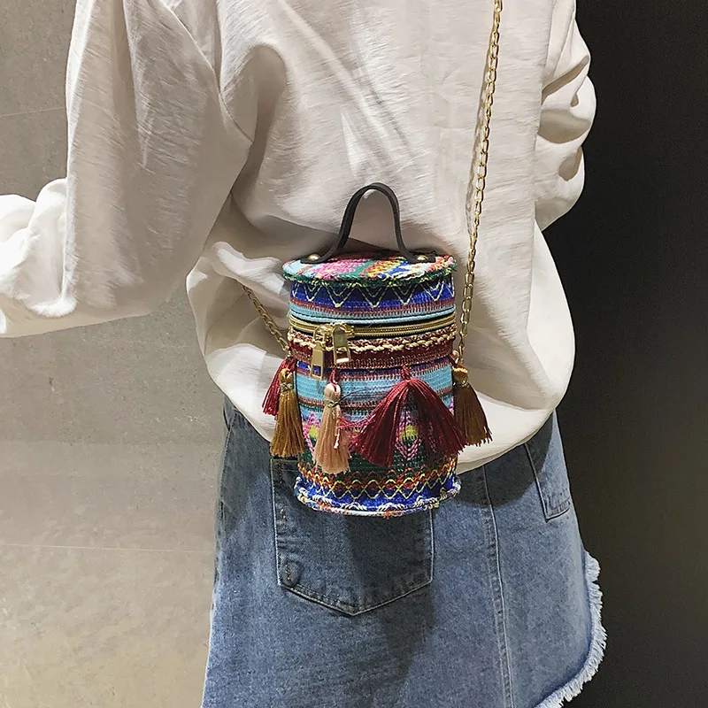

Ethnic-Style Bucket Bag 2019 New Style Fashion Canvas Stripes Cool Chain Shoulder Bag Oblique Bag WOMEN'S Bag