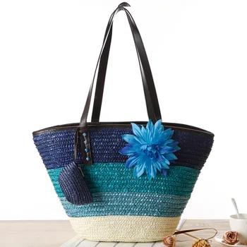 

2020 Knitted Straw Bag Women's Handbags Summer Flower Bohemia Fashion Color Stripes Shoulder Bags Beach Bag Shoulder Bags