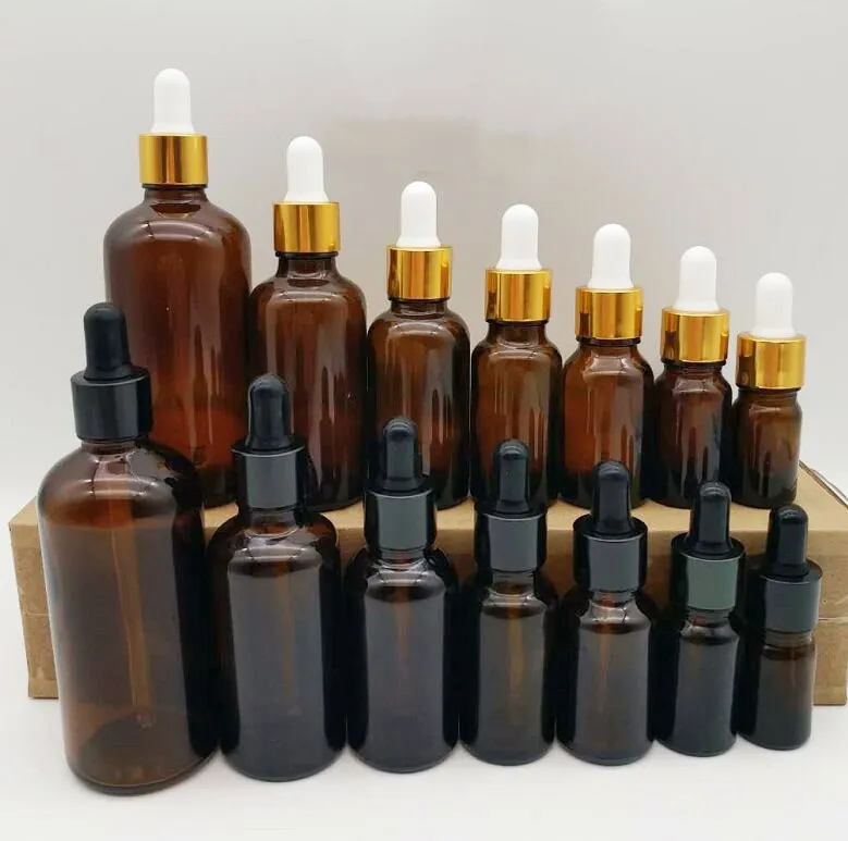 5pcs 5/10/15/20/30/50/100ml Amber Glass Dropper Bottle Jars Vials With Pipette For Cosmetic Perfume Essential Oil Bottles