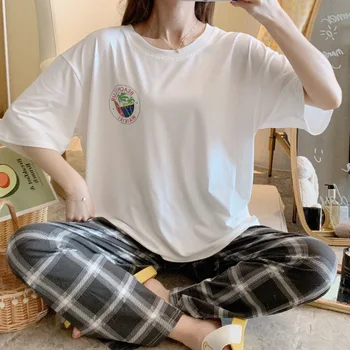 

Run the Amount of New Style Summer Pajamas WOMEN'S Short Sleeved Plaid Trousers Qmilch Loose Casual Homewear Set