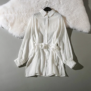 

Cthink Summer Solid Sunscreen Shirt Women Casual White Yellow Black Pink Belt Regular Shirt For Women Spring OL Women's Shirts