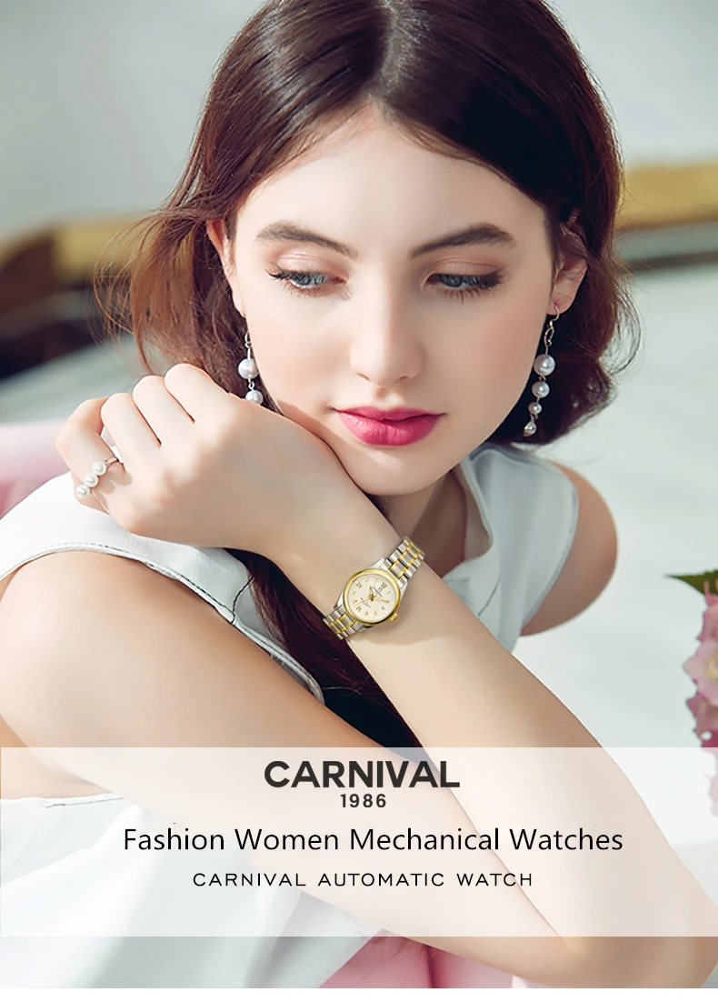 Карнавал, швейцарские сапфировые механические Женские часы, люксовый бренд, полная сталь, женские водонепроницаемые автоматические часы, kol saati