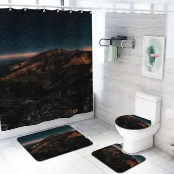 

Mountain view style bathroom sets with Waterproof Polyester Shower Curtain flannel floor mat toilet lid cover U-shaped pad