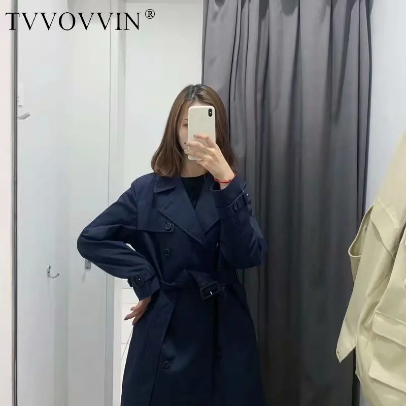 TVVOVVIN Autumn Three-colour Classic Autumn Long Fund Solid Color Match Belt Windbreaker Both Row Buckle Loose Coat Woman ZX128