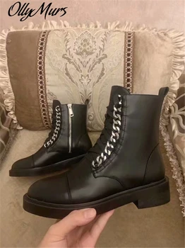 

Fashion Genuine Leather Motorcycle Boots Biker Shoes Women Mental Chains Ankle Boots Chunky Heels Shoes Woman Zapatos de Mujer