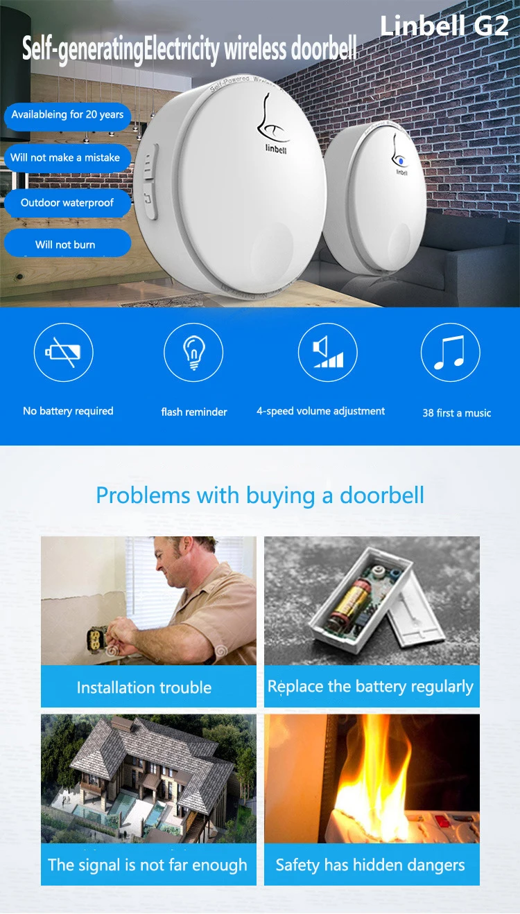Linptech Linbell G2 беспроводные электрические дверные звонки с автономным питанием Открытый водонепроницаемый музыкальный дверной звонок от Xiaomi эко-система бренд