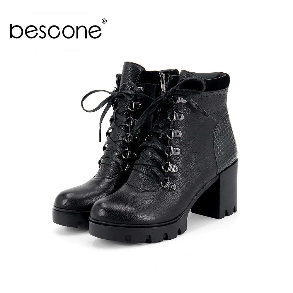 

BESCONE Women Boots High Quality Genuine Leather Handmade Lace-Up Shoes Casual Round Toe Outside High Heel Ladies Boots BC317
