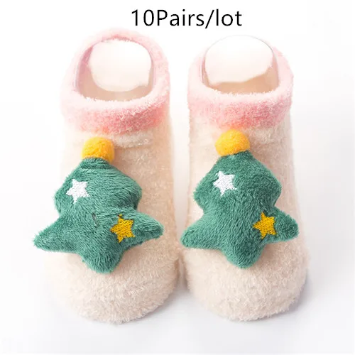 10Pairs/lot Newborn Baby Socks Coral fleece Anti Slip Toddler Infant Socks for Baby Winter Warm Cartoon Baby Girls Boys Socks - Цвет: tree
