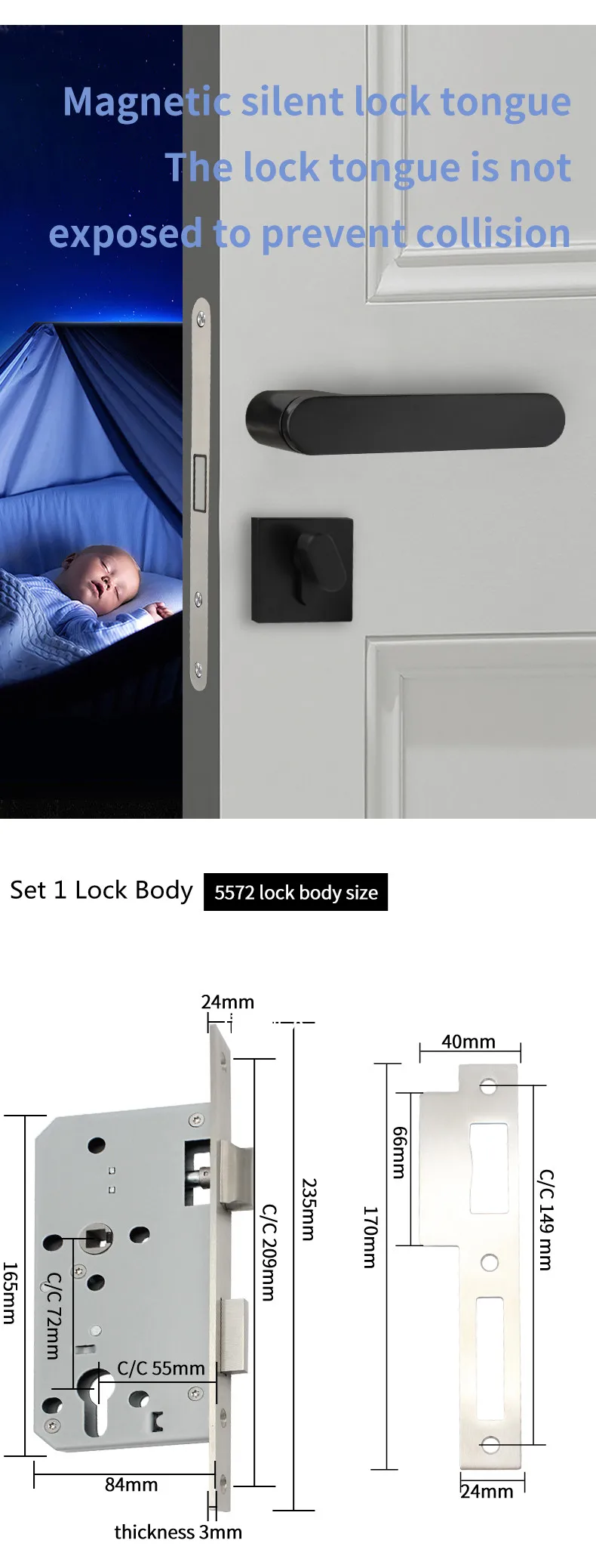 Description Picture 2 of item93-918 Matt Black Lever Type Security Indoor Mute Wood Door Square  Lock Handle With Lock Body