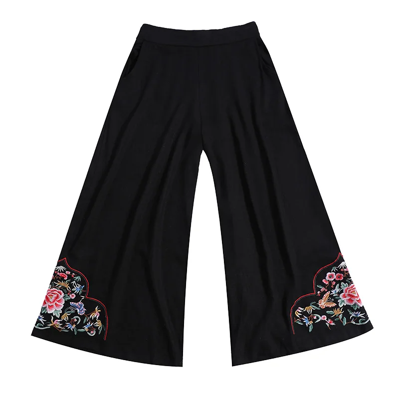 Pantalones mujer черные брюки женские осенние винтажные Дизайнерские Длинные Эластичный Талия черный вышивка широкие брюки