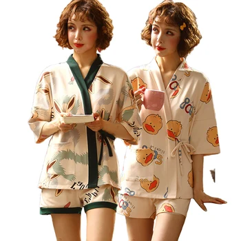 

2019 Summer Short Sleeve Cotton Shorts Kimono Pajama Set for Women Soft Sleepwear Suit Pyjama Homewear Pijama Mujer Home Clothes