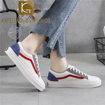 

KATELVADI Lace Up Shoes Woman Big Size 43 White Sneakers Vulcanized Shoes Flats Woman Sneakers CH016