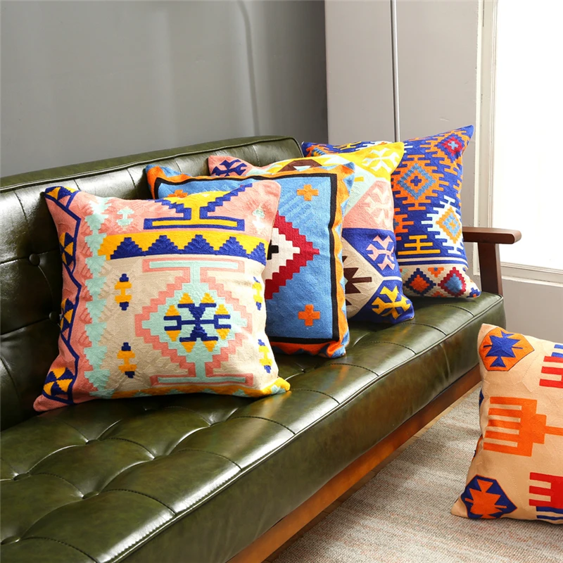 

45x45cm New Bohemian Color Geometric Cotton Embroidery Car Waist Home Bedroom Sofa Decoration Cushion Cover