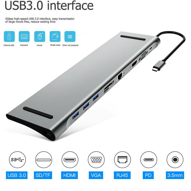 

11 in 1 HUB USB Type-C to USB 3.0 TF 4K HDMI VGA RJ45 Mini DP Docking Station For Macbook For Huawei Samsung Xiaomi