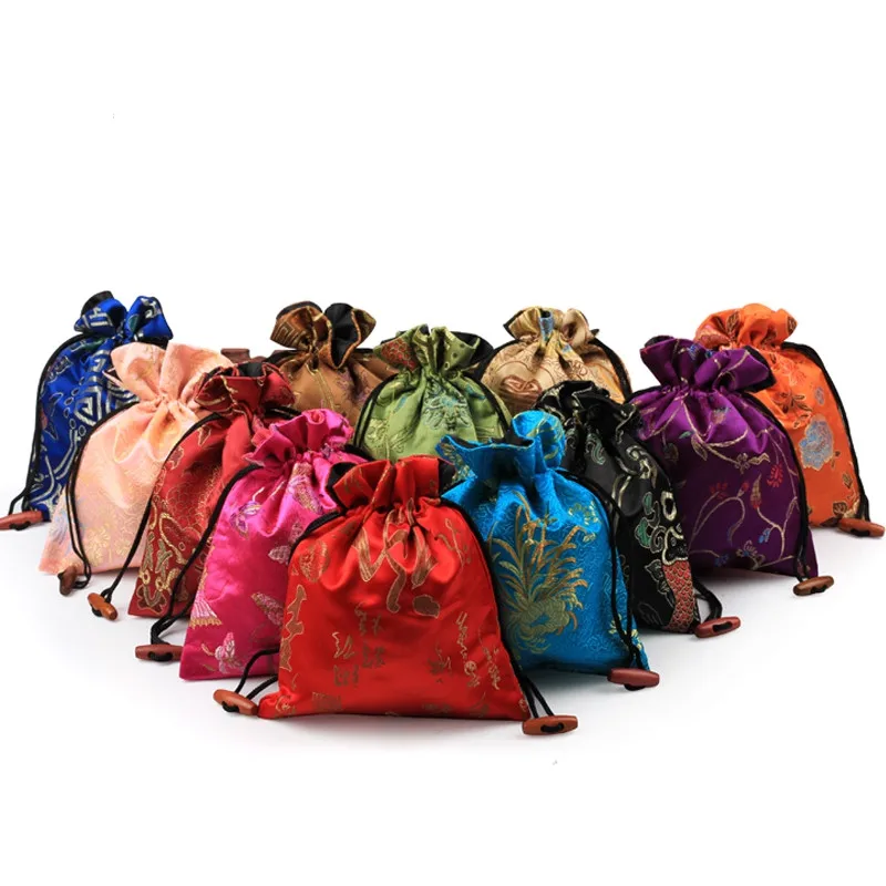 50pcs Luxury Chinese Silk Satin Brocade Jewelry Pouch Large Drawstring