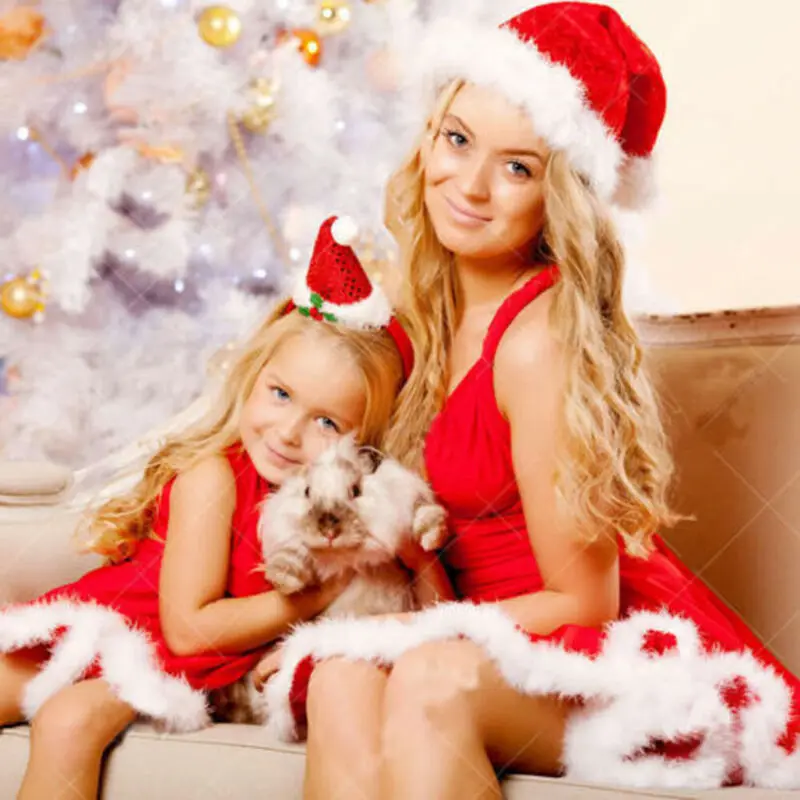 Рождественские Семейные комплекты; пикантные рождественские платья для мамы и дочки с Санта-Клаусом; элегантные нарядные вечерние платья для женщин и девушек