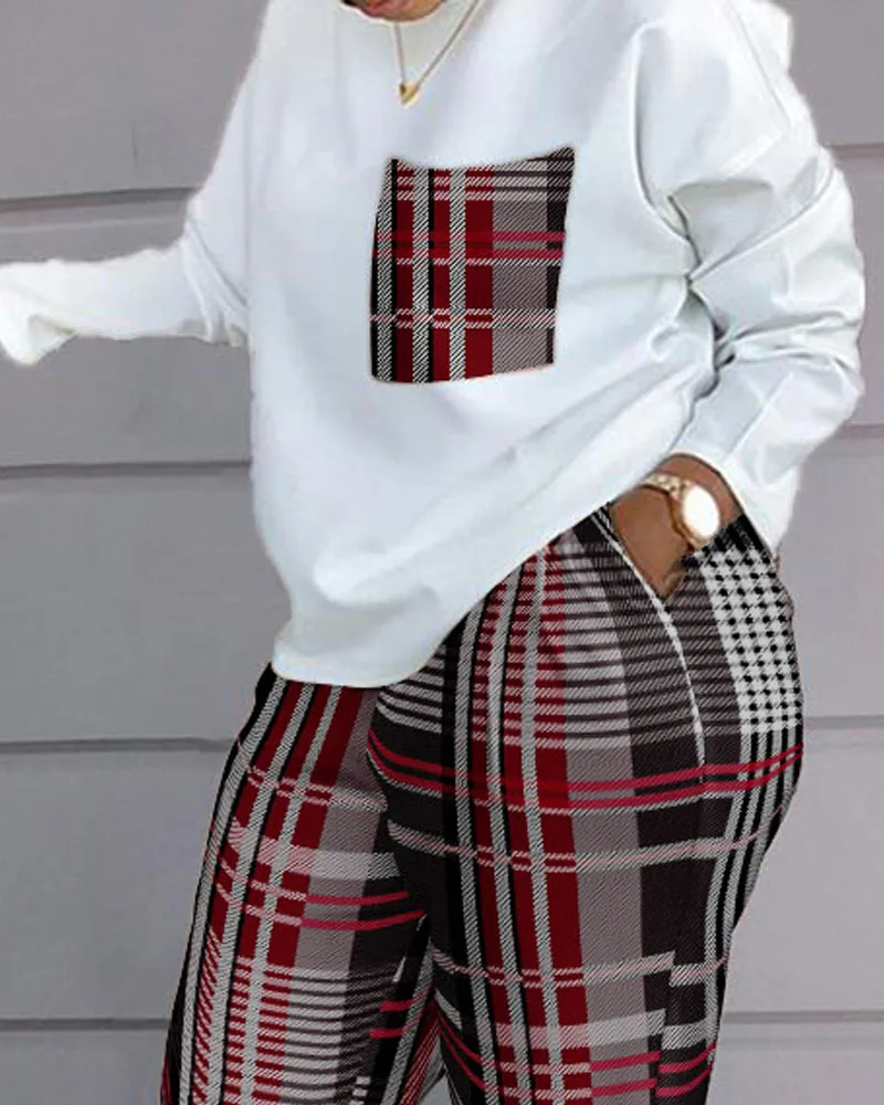Women Spring Autumn Casual Loose 2 Piece Set Drawstring Design Pockets Plaid Print Long Sleeve Top & Pants Set