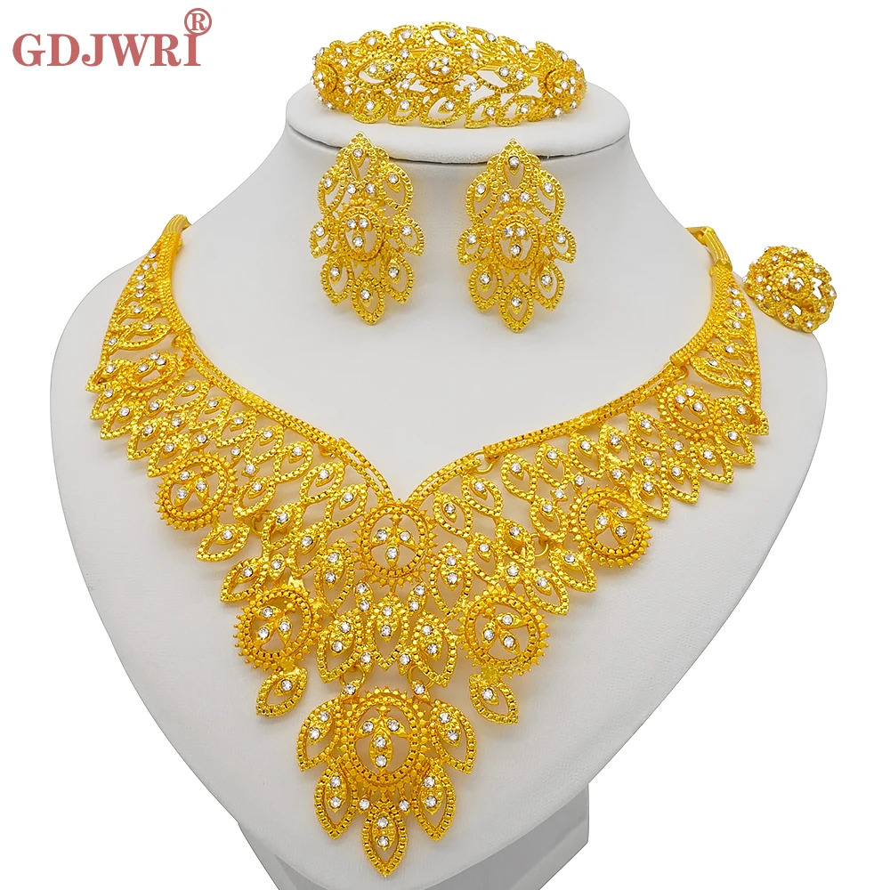 

New Nigerian Wedding African Costume Jewelry Set Dubai Gold Color Fashion Charm Neckace Jewelry sets For Women Party Gift