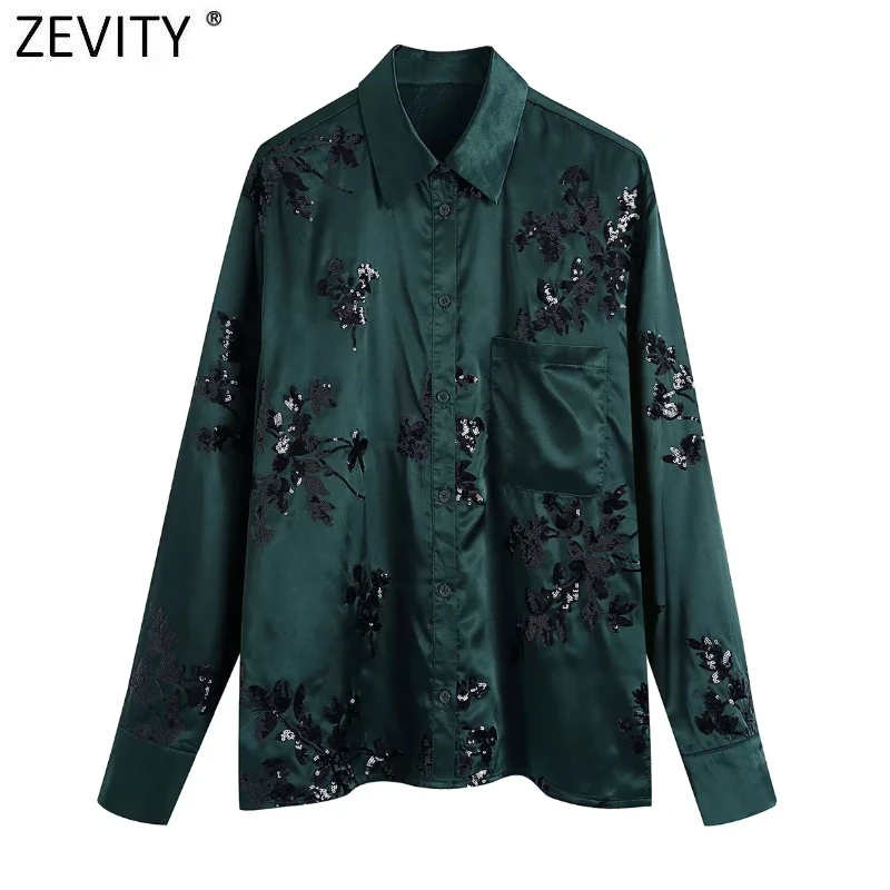 Zevity New Women Fashion Sequin Embroidery Soft Satin Blouse Office Ladies Pocket Shirts Chic Casual Business Blusas Tops LS9981