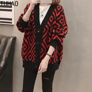 

TUHAO 2019 Autumn Winter Vintage Knit Coats Women's Sweater Cardigan Loose Vintage Plaid Sweater Jacket Cardigans Sweaters LZ52