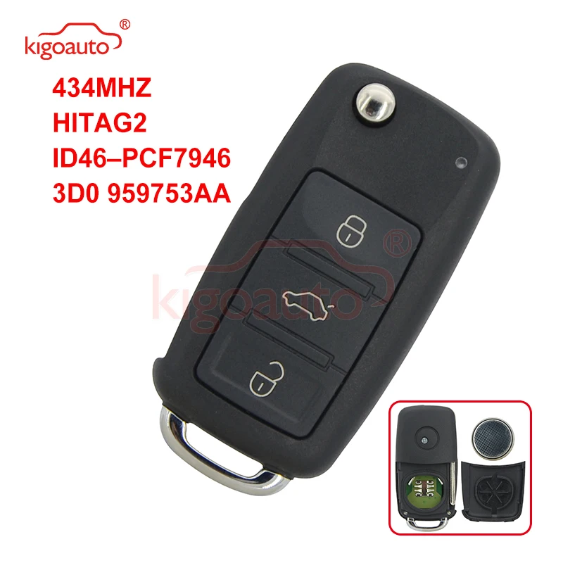 Kigoauto for vw Touareg Remote key 3button 433.9MHZ ASK/FSK HITAG-2 ID46 PCF7946 HU66 3D0 959 753 AA  3D0 959 753 AM