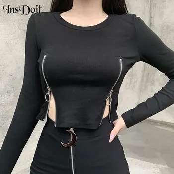 

InsDoit Punk Zip Up Black Crop Tops Streetwear Harajuku Bodycon O Neck Long Sleeve Tops Women Chic Sexy Hollow Out Basic Tops