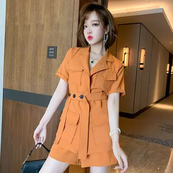 

Contrasting Color Bright Line Waist Hugging Lapel Suit Jacket + Solid Color High Waisted Shorts Suit Women's 2020 Summer New