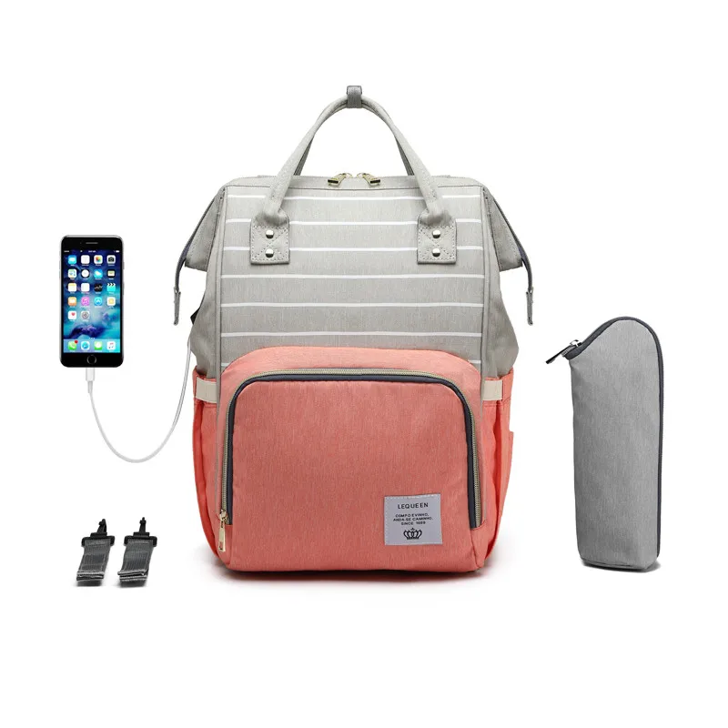 LEQUEEN USB сумка для подгузников для ухода за ребенком большая емкость рюкзак для мам мокрая сумка для мам водонепроницаемая сумка для беременных - Цвет: USB Orange Stripe