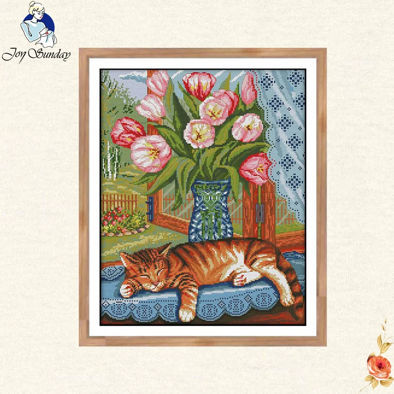 Joy Sunday милый кот и цветы китайская счетная Вышивка крестом картина DIY рукоделие 11CT