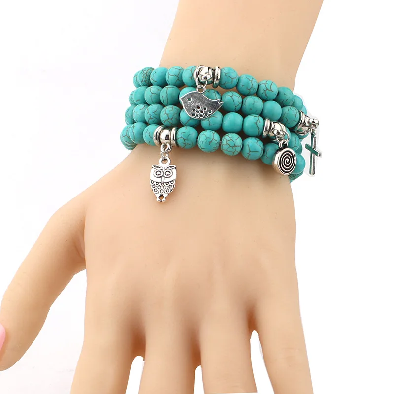 Trendy Blue Turquoises Stone Charm Bracelet Men Women Strand Beads Bracelet Handmade Life Tree Cross Bracelets&Bangles Bijoux Fashion Bracelet