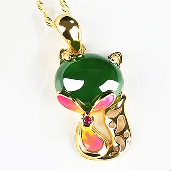 

Fashion fox green jade emerald gemstones enamel pendant necklaces for women 14k gold color choker chain jewelry birthday gifts