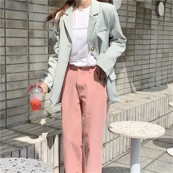 

HziriP 2019 Green Slender Women Gentle Office Ladies High Street New Vintage Elegant Feminine All Match Loose Coat Free Blazers