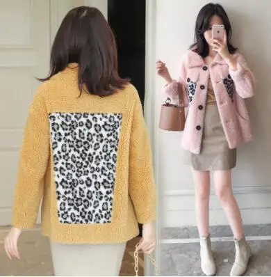 

2019 fur faux sheepskin coat leopard color matching cashmere tops female autumn and winter warm jackets
