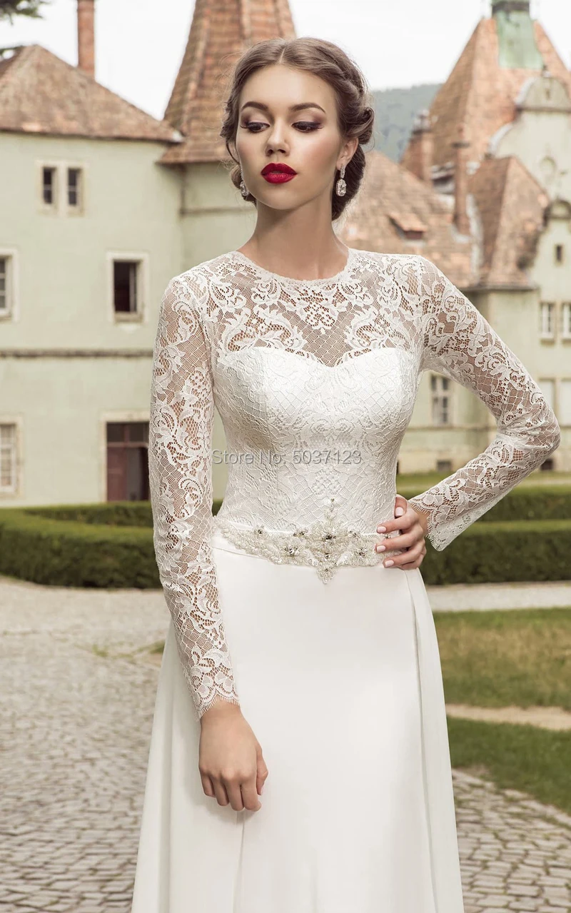 Шифоновый с длинным рукавом Свадебные платья Vestido De Noiva О шеи Кружева аппликации бисером пояс на шнуровке, для невесты свадебное платье корт поезд
