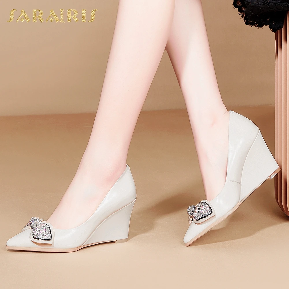 

Sarairis Fashion New Design Genuine Cow Leather Shoes Woman Pumps Female Pointed Toe Slip-On Bowtie Party Pumps Women Shoes