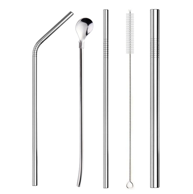 Reusable Metal Drinking Straws 304 Stainless Steel Straw Sturdy Bent Straight Straw with Cleaning Brush Bar Party Acce