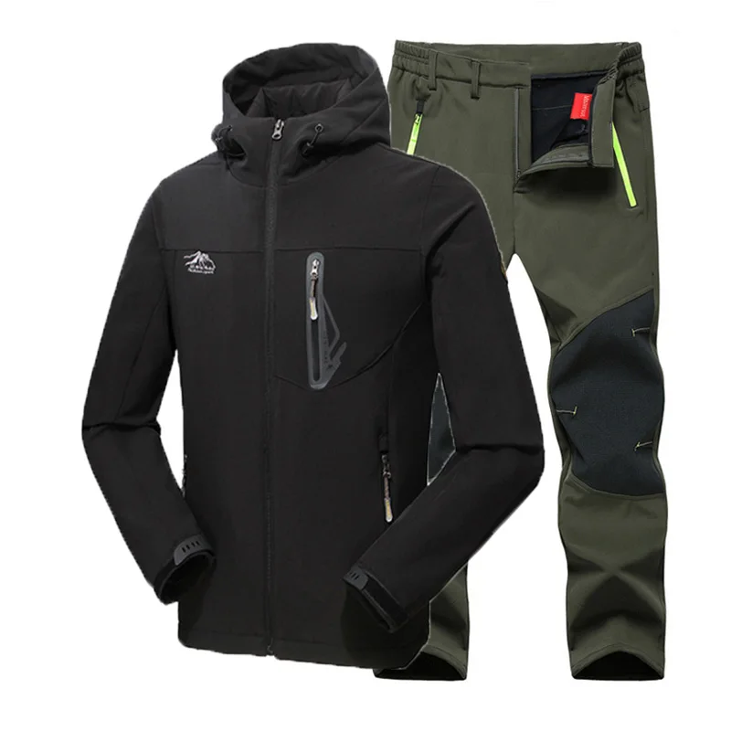 Black Green Suit Мужская зимняя водонепроницаемая для рыбалки, катания на лыжах, Походов, Кемпинга, мужчин, теплая флисовая наружная куртка, костюм, брюки, 5XL, плюс размер - Цвет: Black Green Suit