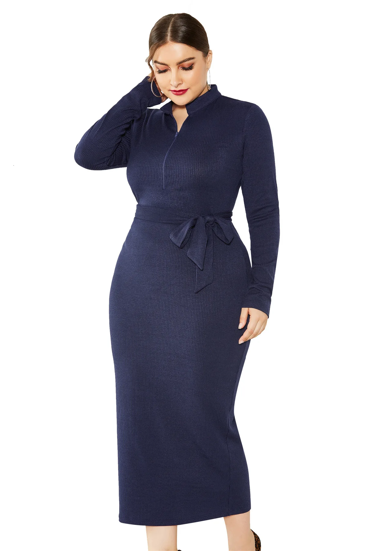 Плюс размер женский зимний свитер трикотажные длинные платья Тонкий эластичный Водолазка с длинным рукавом сексуальное женское облегающее платье Макси - Цвет: Navy Blue