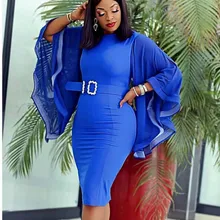 

Sexy Solid Color Tight Dress Big Flared Chiffon Sleeves Elastic African Dresses For Women Spring Autumn Diamond Belt 2022 New