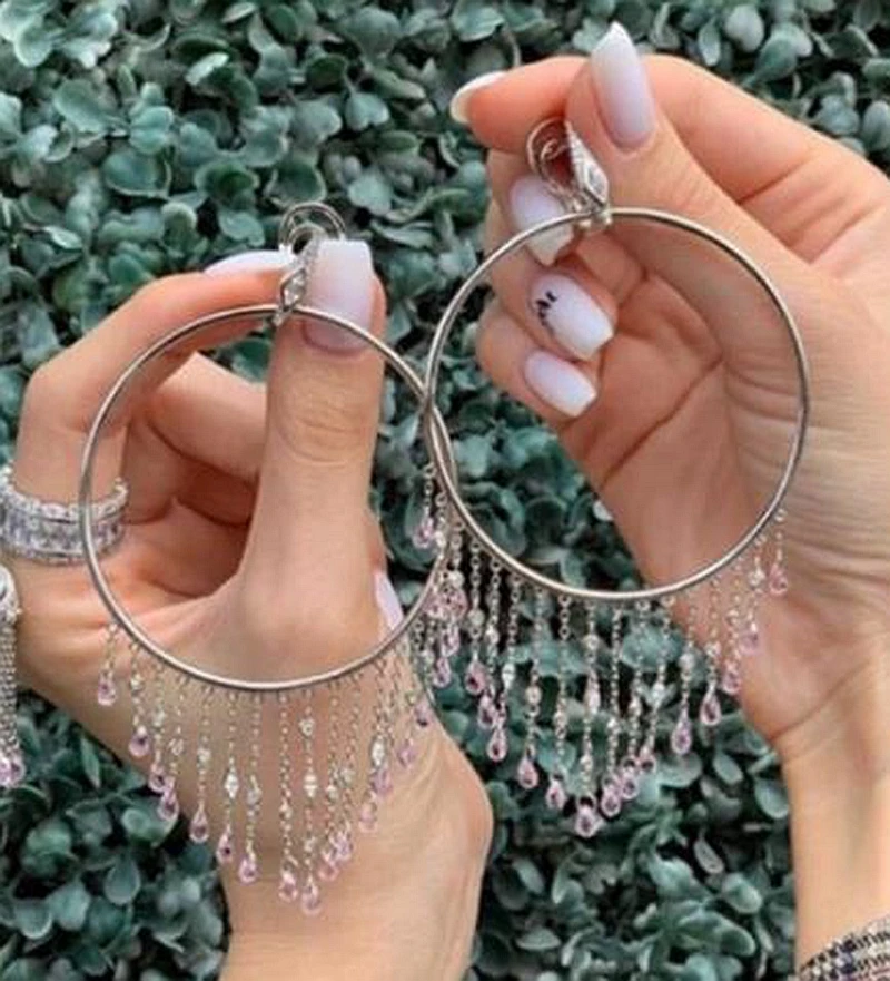 

Luxury Water Drop Colorful Crystal 925 Sterling Silver Tassel Dangle Earring Round Drop Large Circle Cuff Women Wedding Jewelry